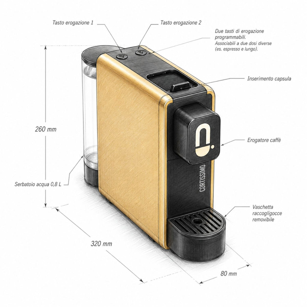 Dimensioni e funzioni macchina caffe Cortissimo Poket