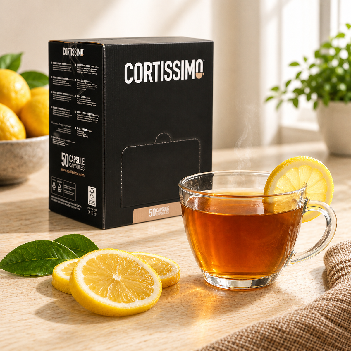 Tazza di tè al limone Cortissimo con fette di limone
